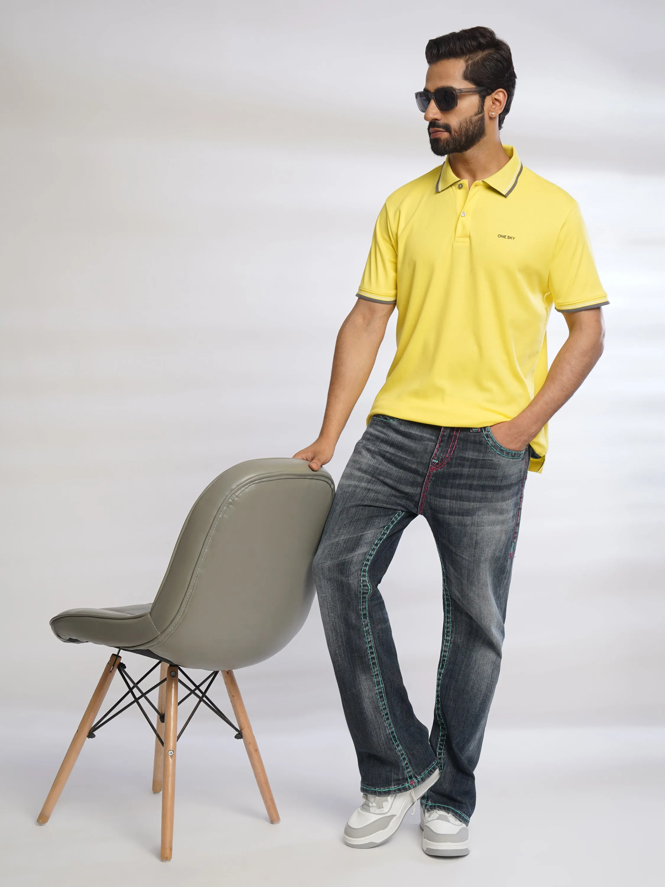 Men Pop Yellow Solid Cotton Polo T-Shirt