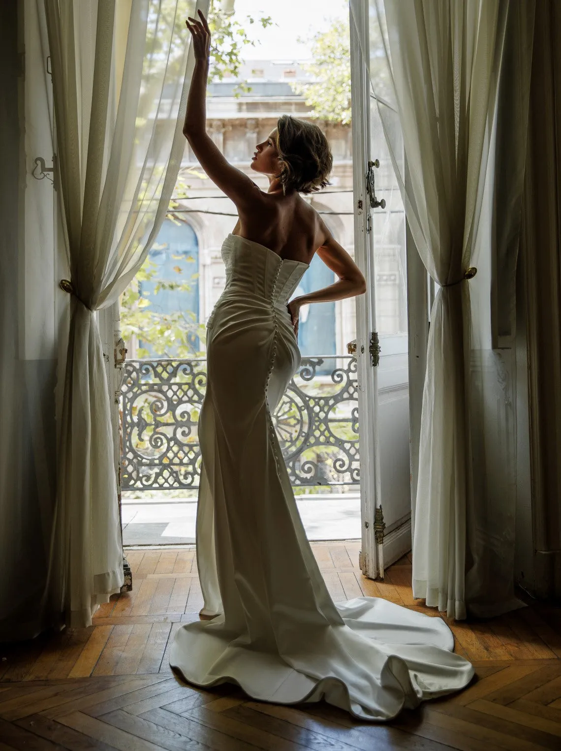 minimal chic ruched bridal gown in satin