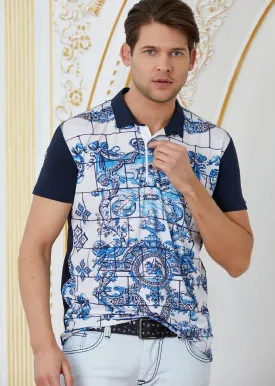 Navy Crest Tile Print Polo