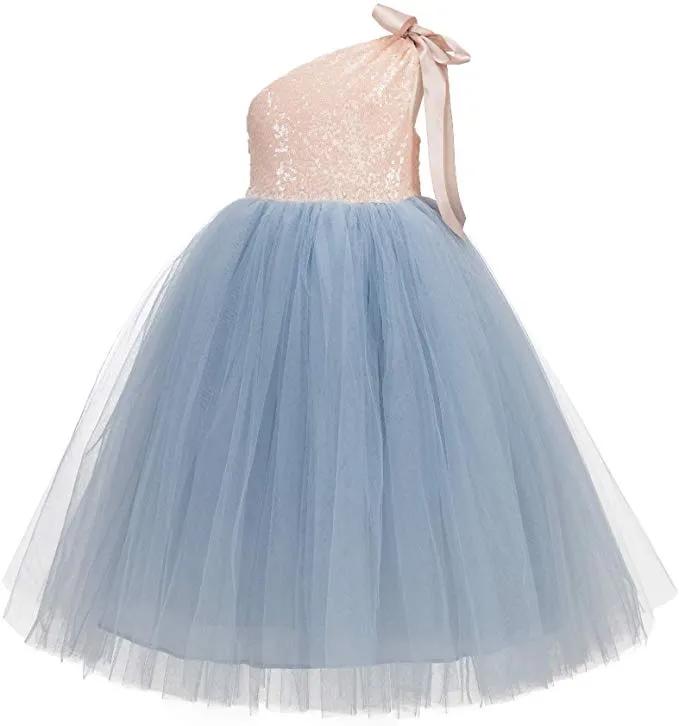 One-Shoulder Sequins Tutu Flower Girl Dress Junior Beauty Pageant Special Event Ballroom Gown 182(2)