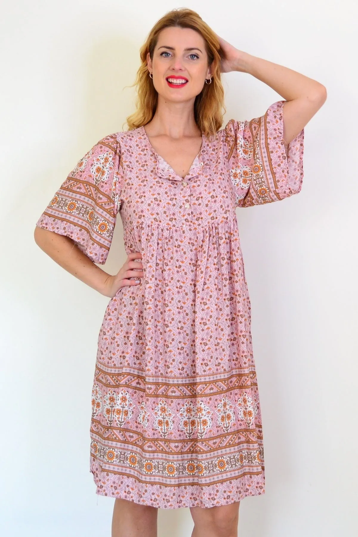 Pink Brown Bell Sleeve Tunic Dress