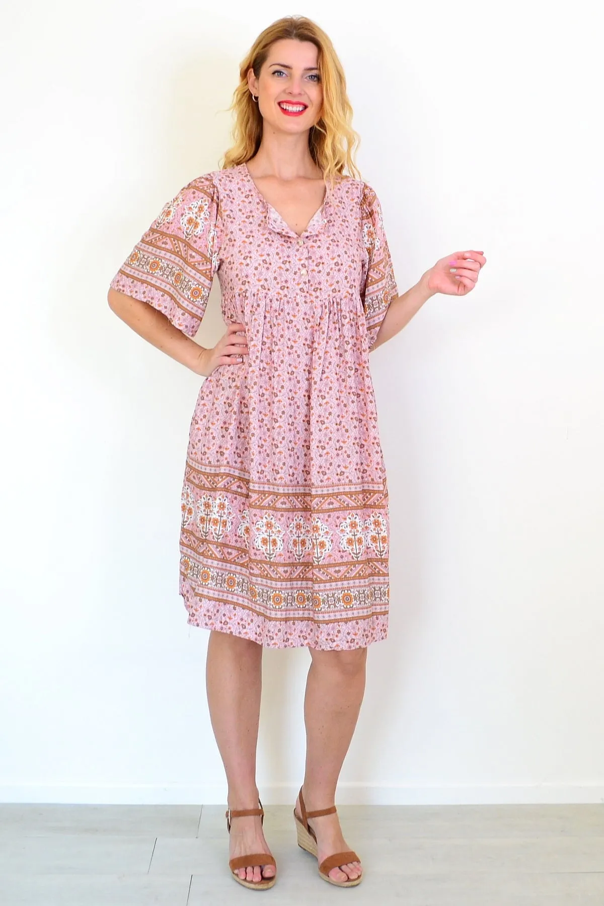 Pink Brown Bell Sleeve Tunic Dress