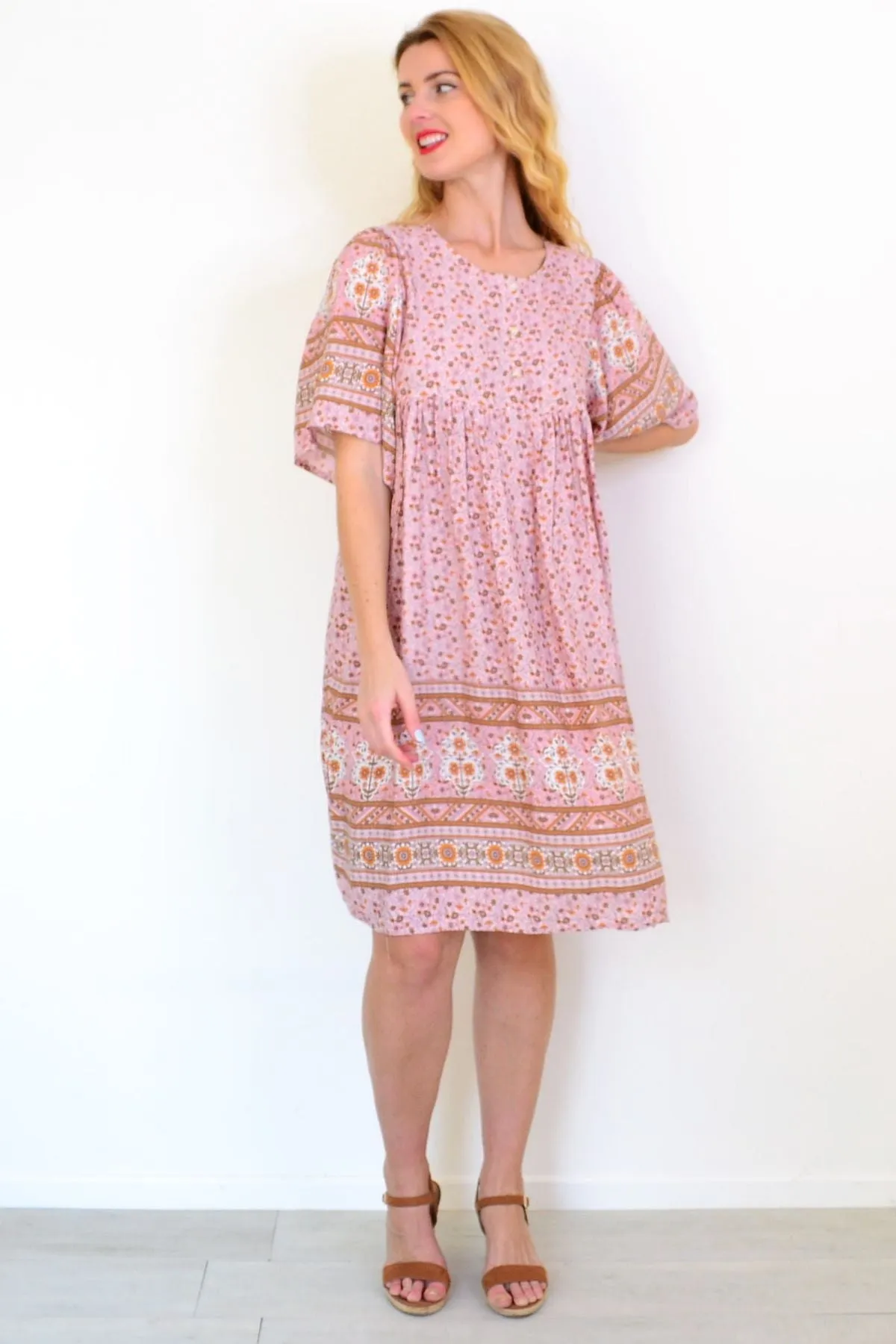 Pink Brown Bell Sleeve Tunic Dress