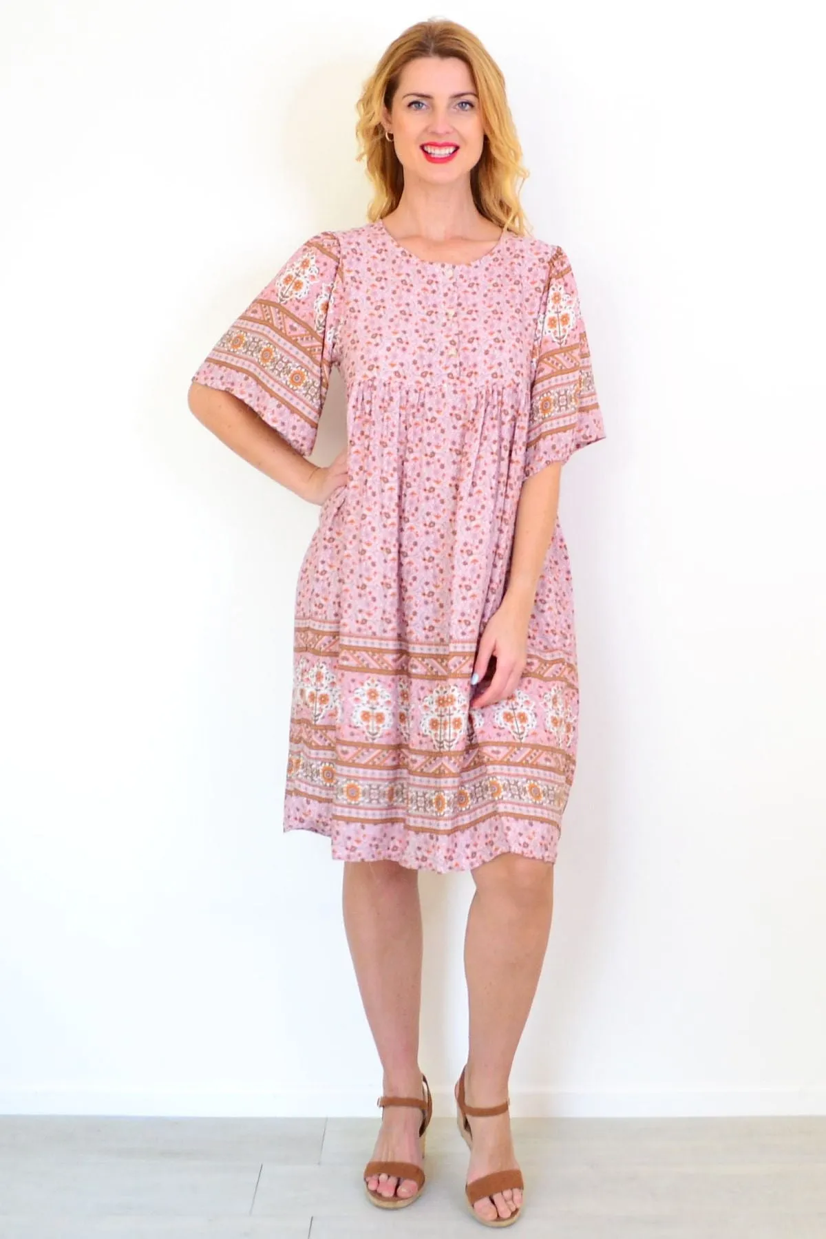 Pink Brown Bell Sleeve Tunic Dress