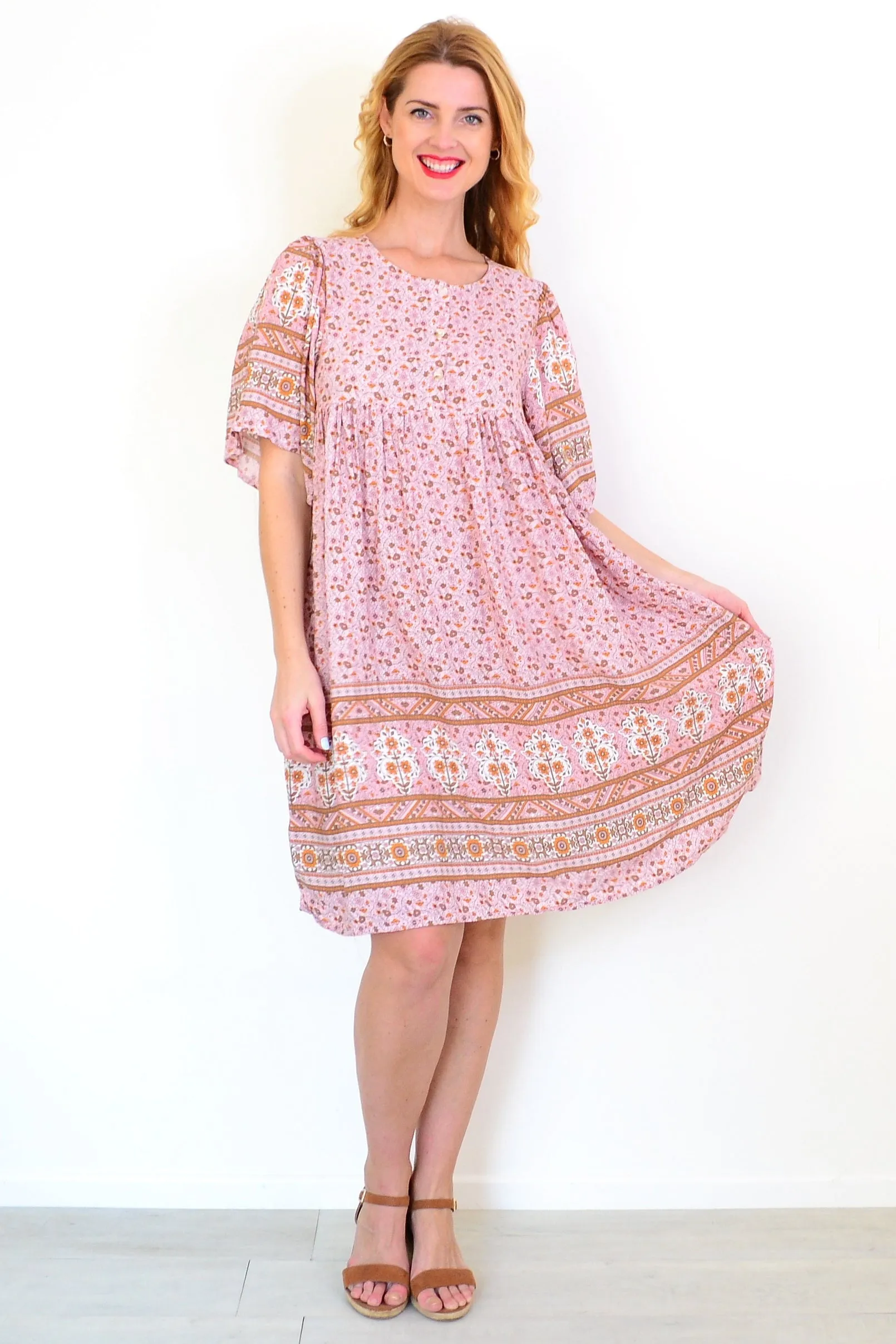 Pink Brown Bell Sleeve Tunic Dress