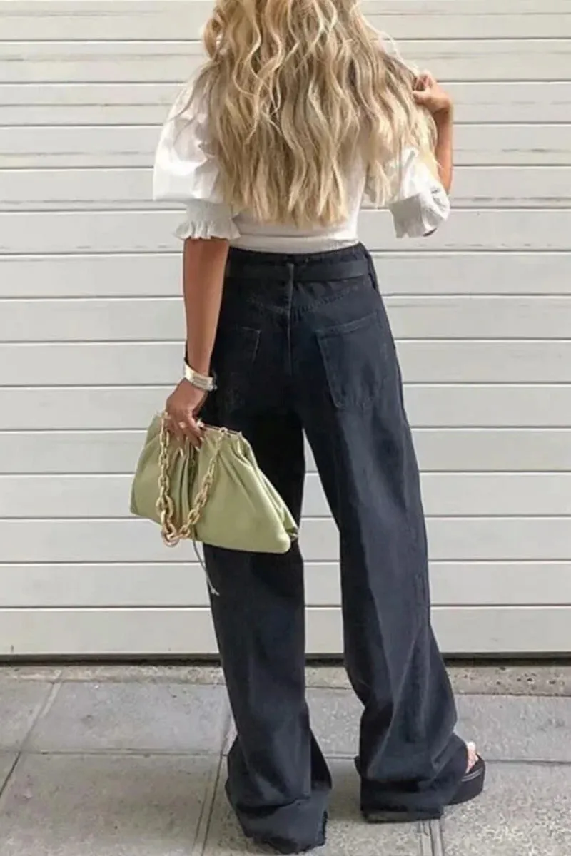 PK740 Frayed Hem Wide-Leg Denim Pants