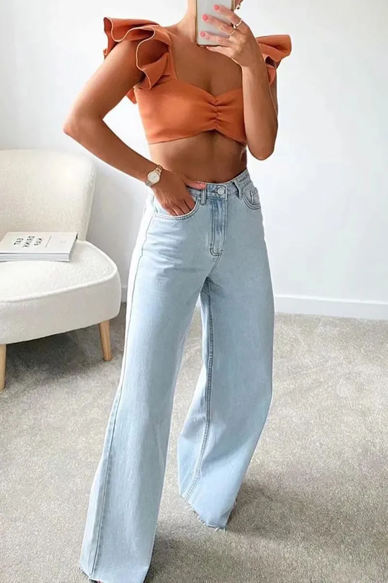 PK740 Frayed Hem Wide-Leg Denim Pants