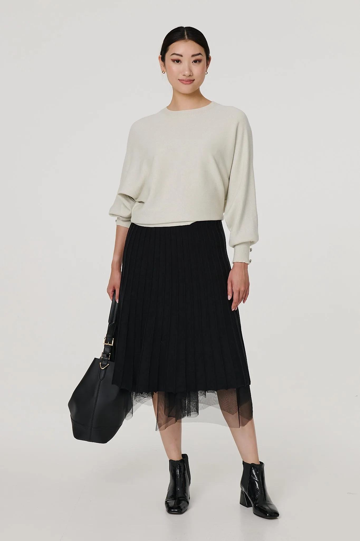 Reversible Hanky Hem Mesh & Knit Midi Skirt