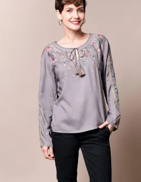 Rhianna Embroidered Top - Grey Dove