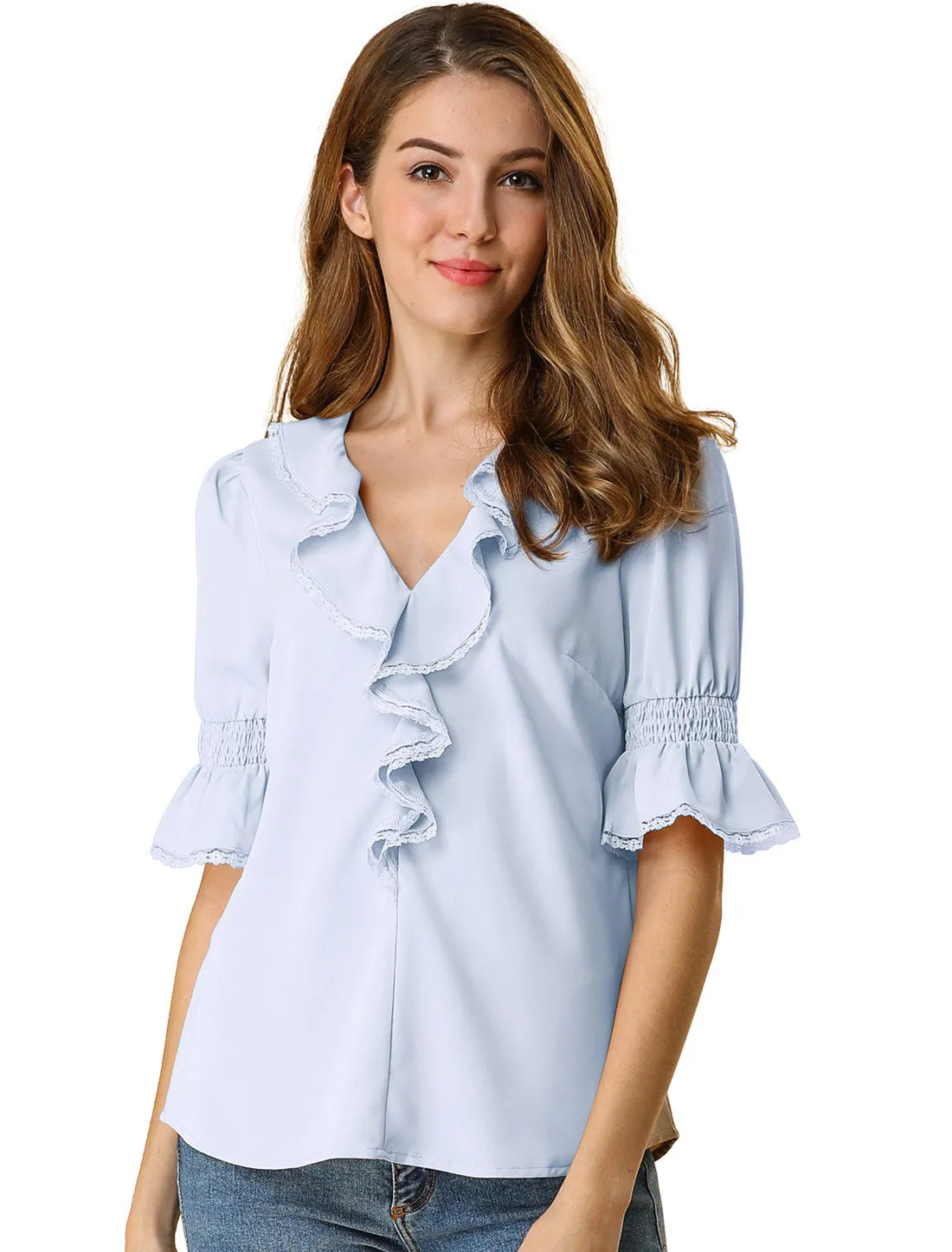 Ruffle Puff Sleeve Lace Trim Chiffon Peasant Blouse