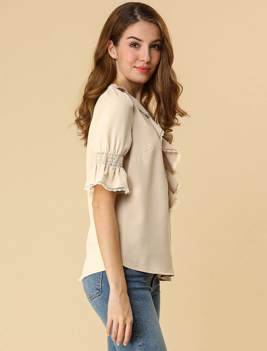 Ruffle Puff Sleeve Lace Trim Chiffon Peasant Blouse