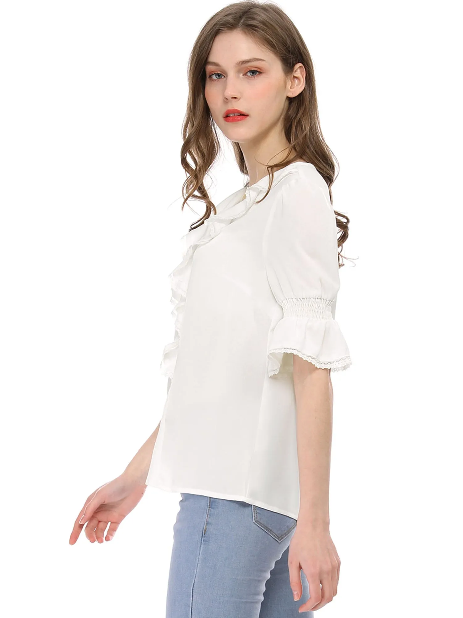 Ruffle Puff Sleeve Lace Trim Chiffon Peasant Blouse