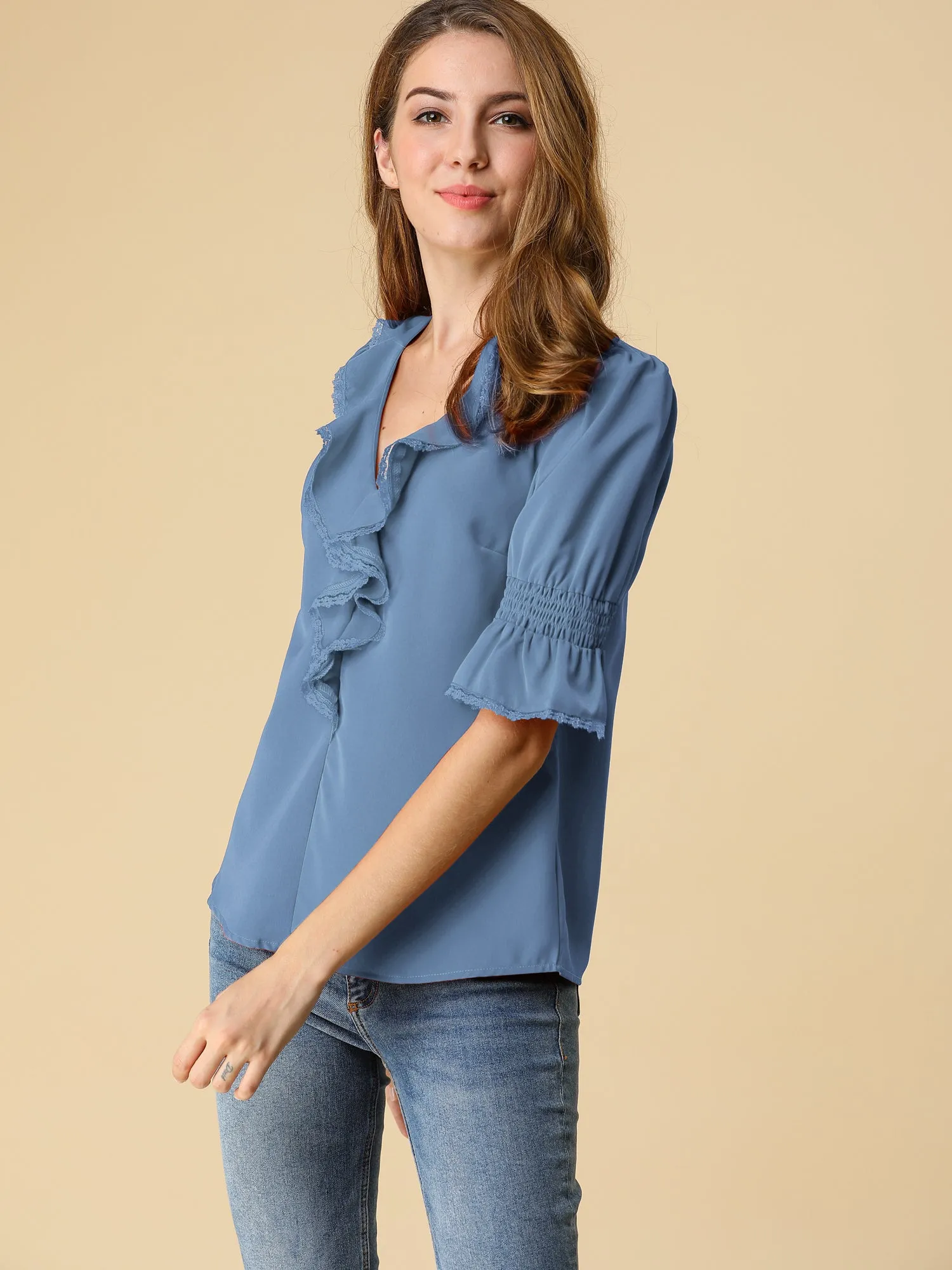 Ruffle Puff Sleeve Lace Trim Chiffon Peasant Blouse