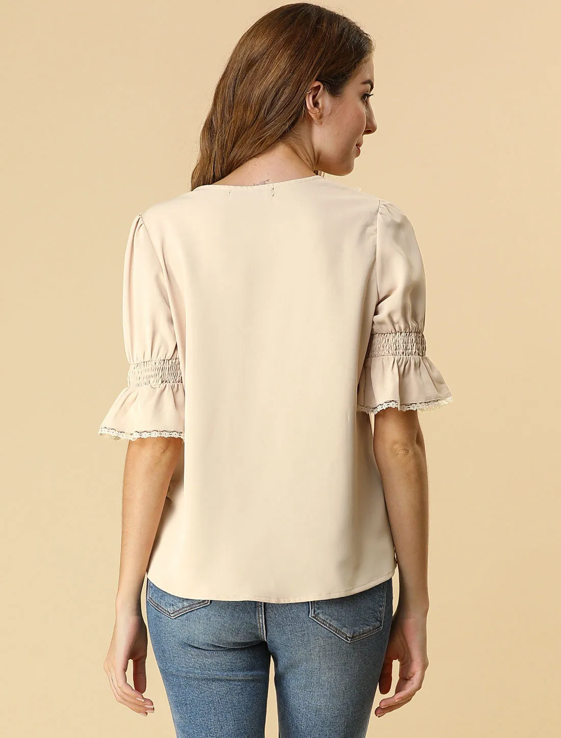 Ruffle Puff Sleeve Lace Trim Chiffon Peasant Blouse