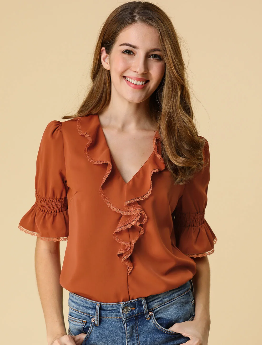 Ruffle Puff Sleeve Lace Trim Chiffon Peasant Blouse