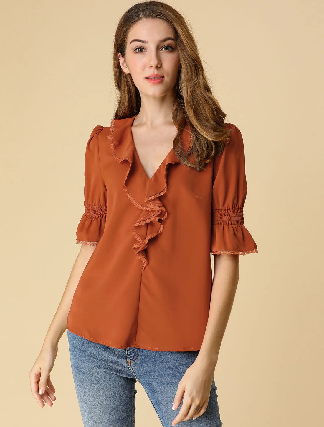 Ruffle Puff Sleeve Lace Trim Chiffon Peasant Blouse