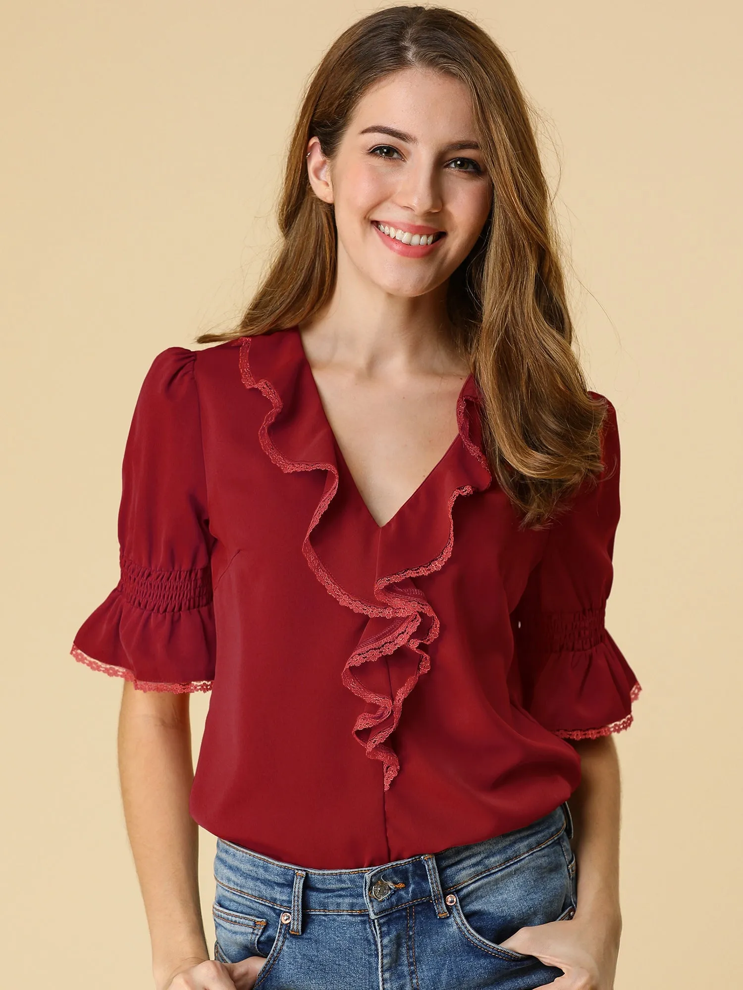 Ruffle Puff Sleeve Lace Trim Chiffon Peasant Blouse