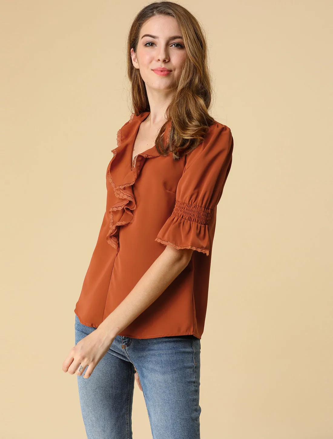 Ruffle Puff Sleeve Lace Trim Chiffon Peasant Blouse