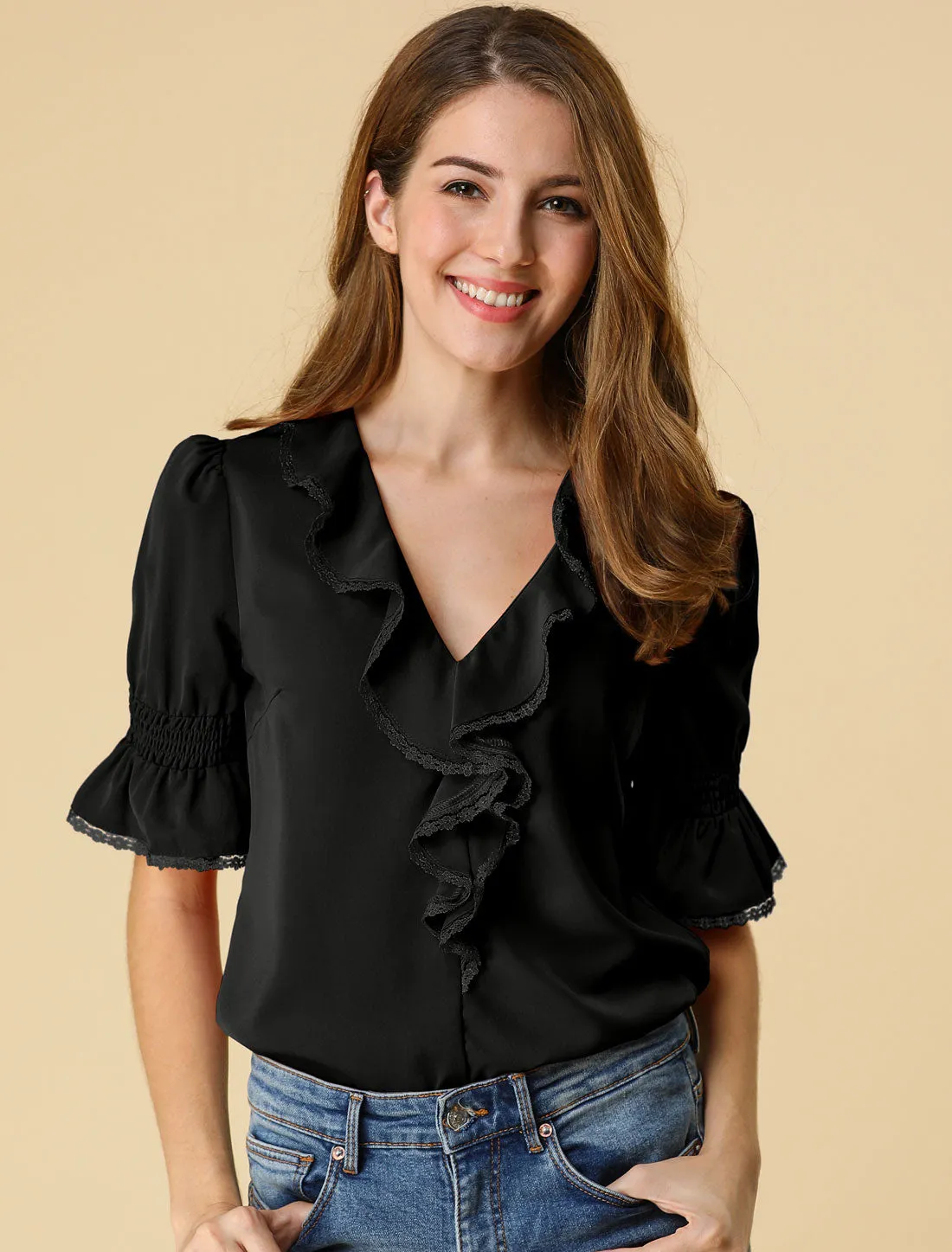 Ruffle Puff Sleeve Lace Trim Chiffon Peasant Blouse