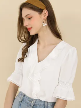 Ruffle Puff Sleeve Lace Trim Chiffon Peasant Blouse