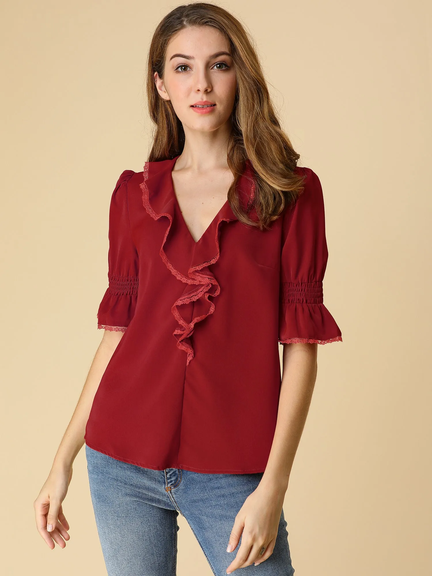 Ruffle Puff Sleeve Lace Trim Chiffon Peasant Blouse