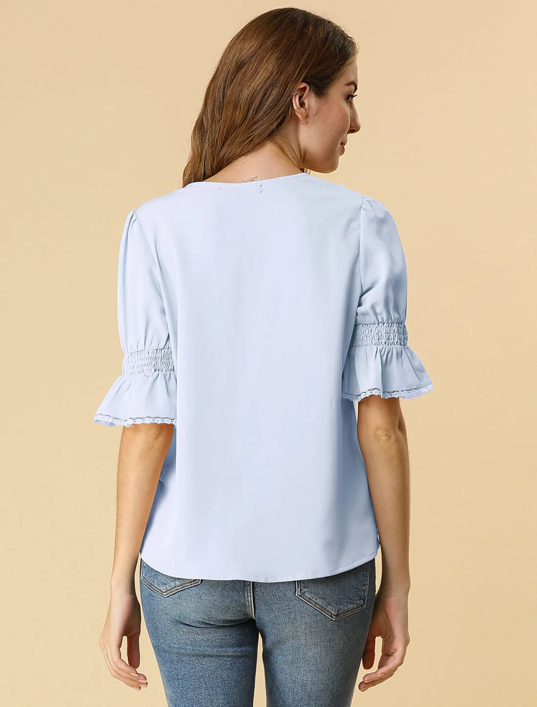 Ruffle Puff Sleeve Lace Trim Chiffon Peasant Blouse