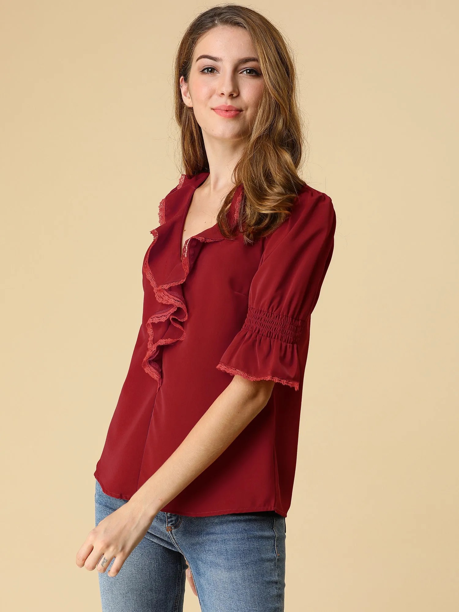 Ruffle Puff Sleeve Lace Trim Chiffon Peasant Blouse