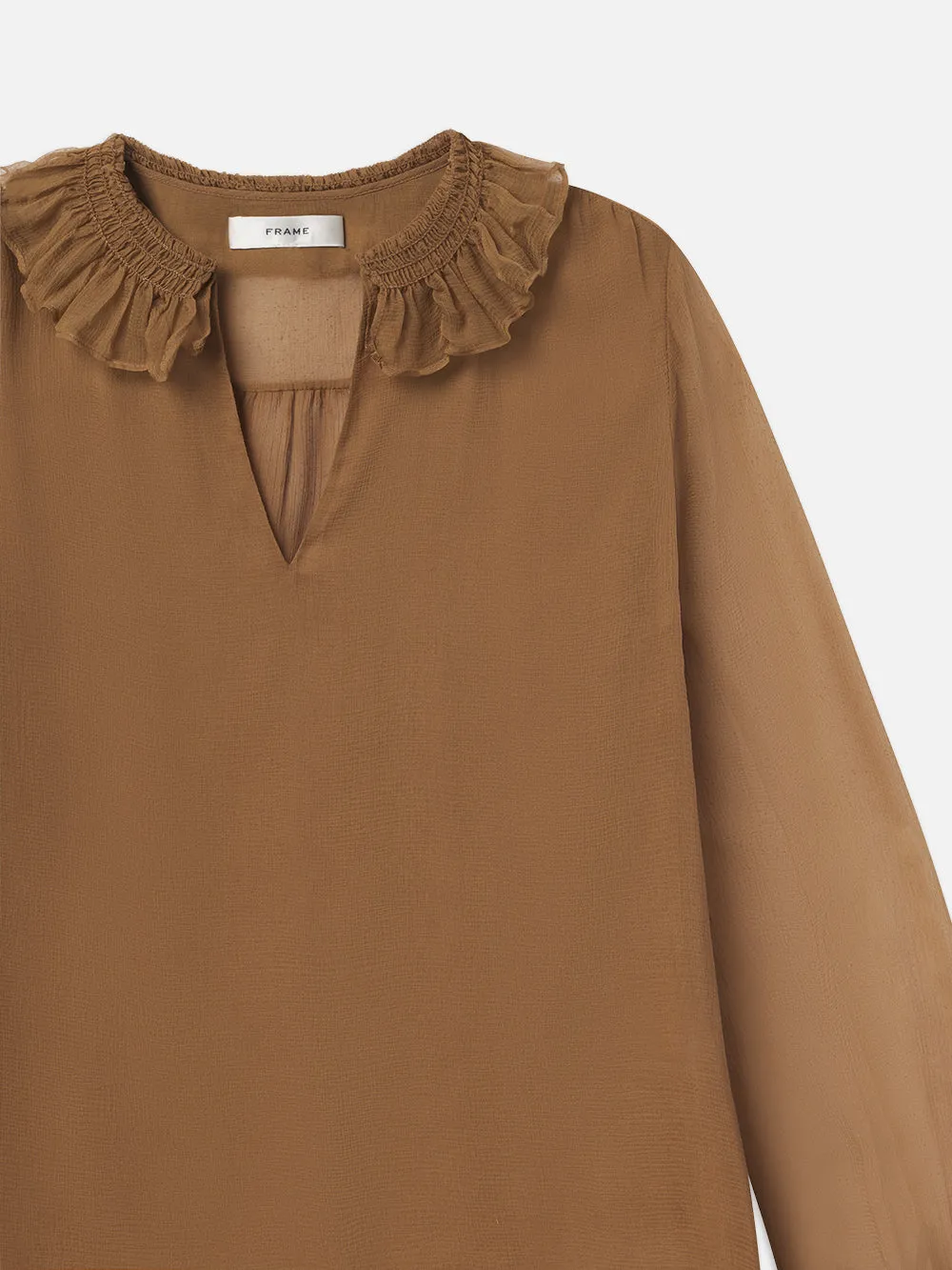 Shirred Ruffle Neck Blouse -- Camel