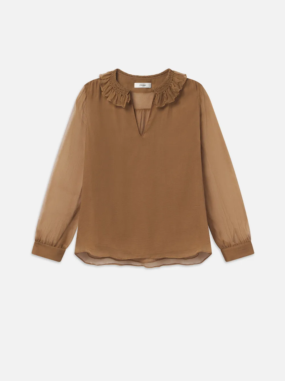 Shirred Ruffle Neck Blouse -- Camel