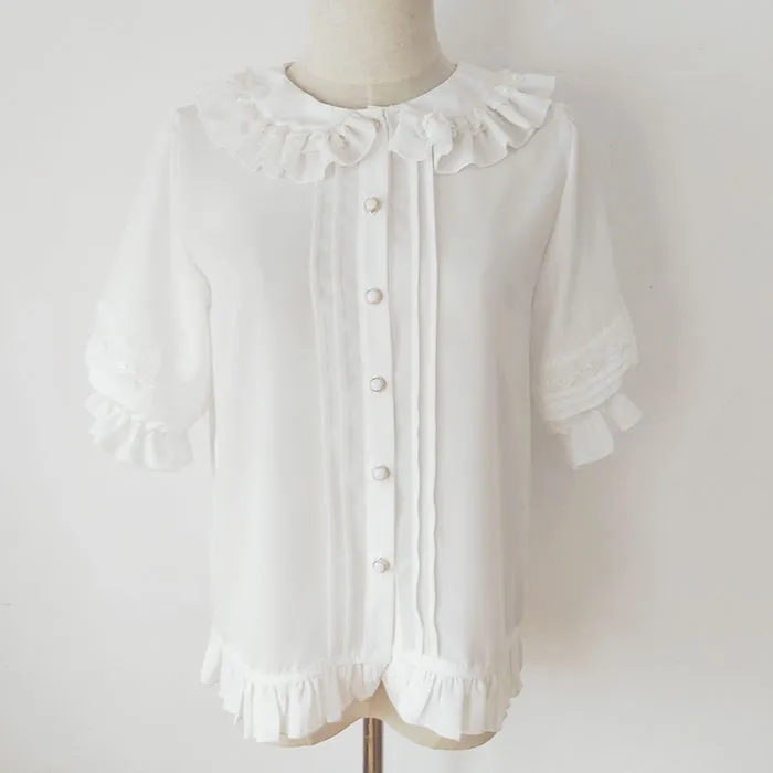 Short Lantern Sleeve Chiffon Blouse Ruffled Collar Lolita Shirt