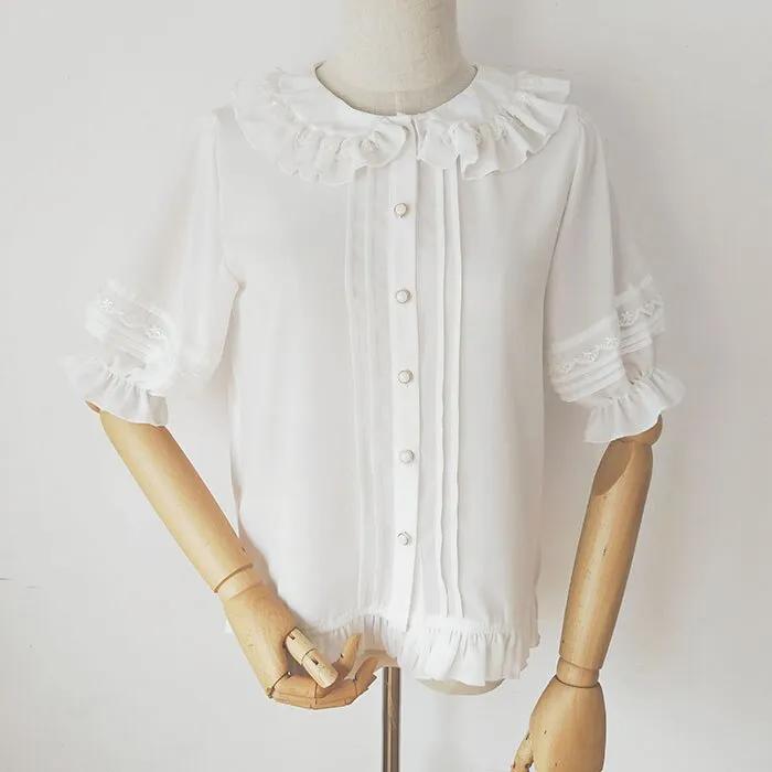 Short Lantern Sleeve Chiffon Blouse Ruffled Collar Lolita Shirt