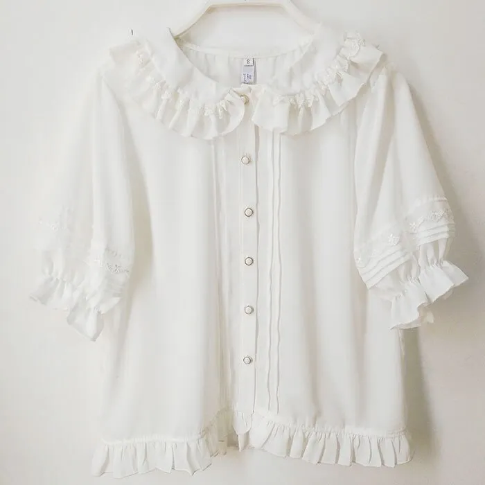 Short Lantern Sleeve Chiffon Blouse Ruffled Collar Lolita Shirt