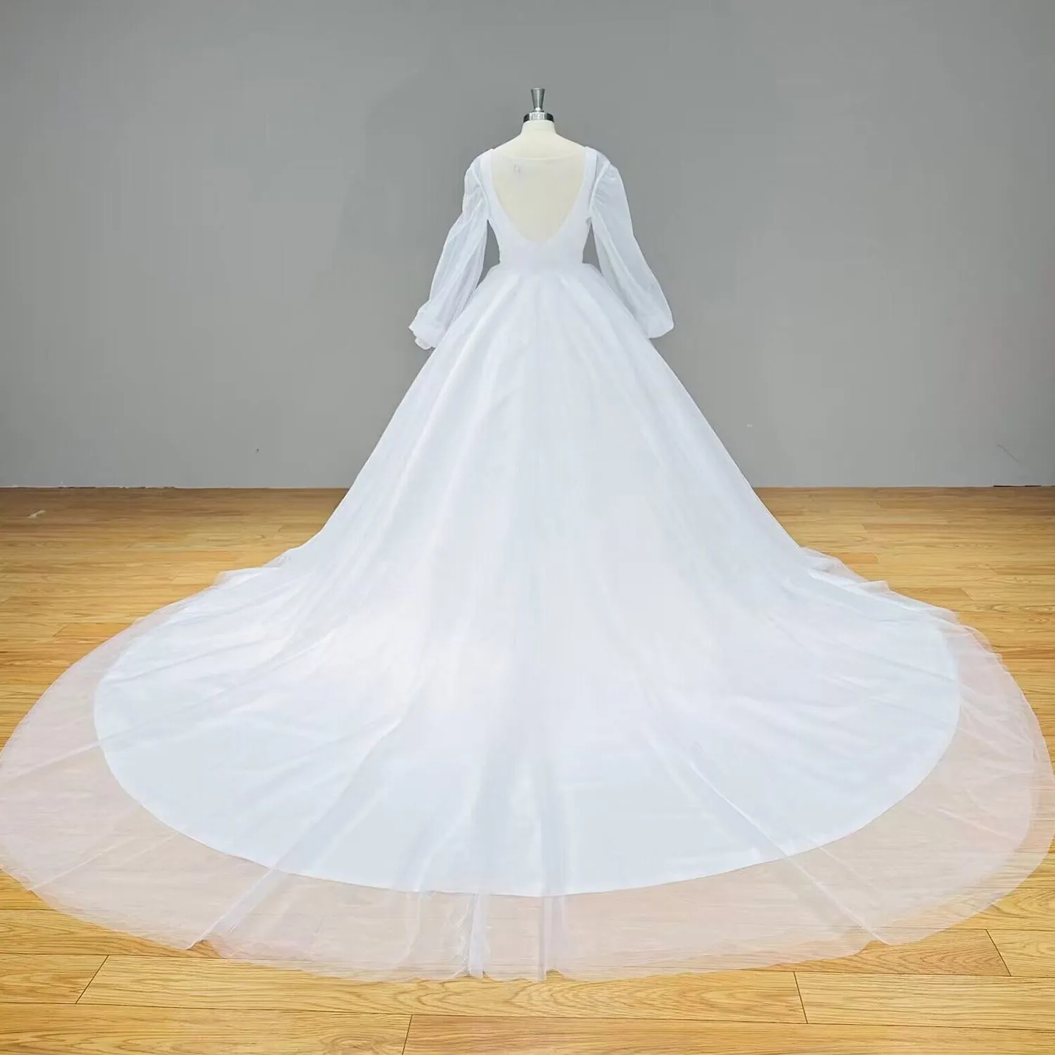 Simple Satin and Tulle Ball Gown Wedding Dress with Detachable Shawl and Backless Design