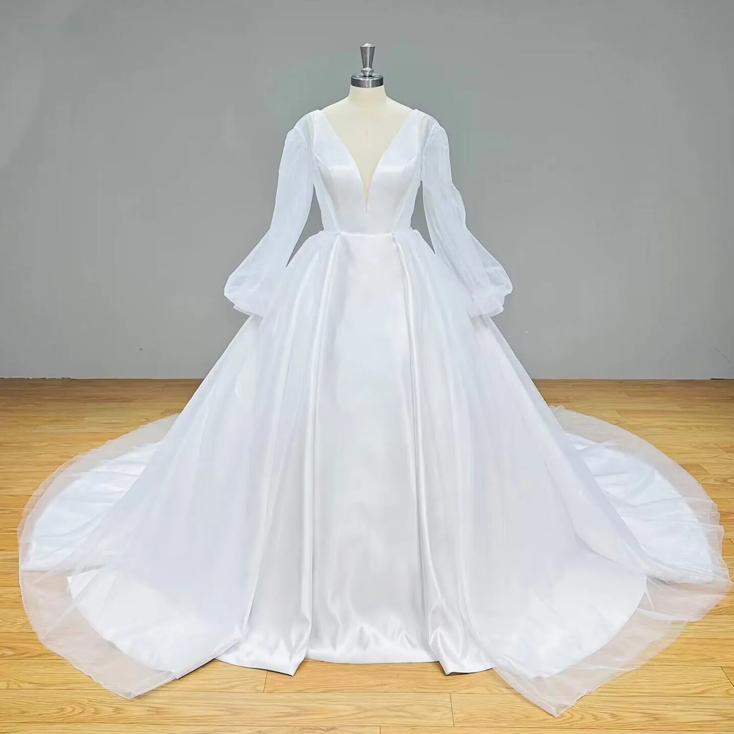 Simple Satin and Tulle Ball Gown Wedding Dress with Detachable Shawl and Backless Design