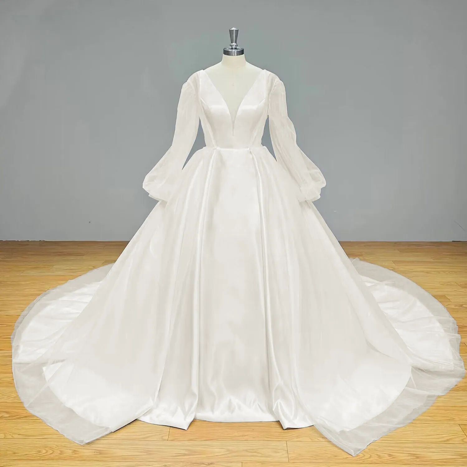 Simple Satin and Tulle Ball Gown Wedding Dress with Detachable Shawl and Backless Design