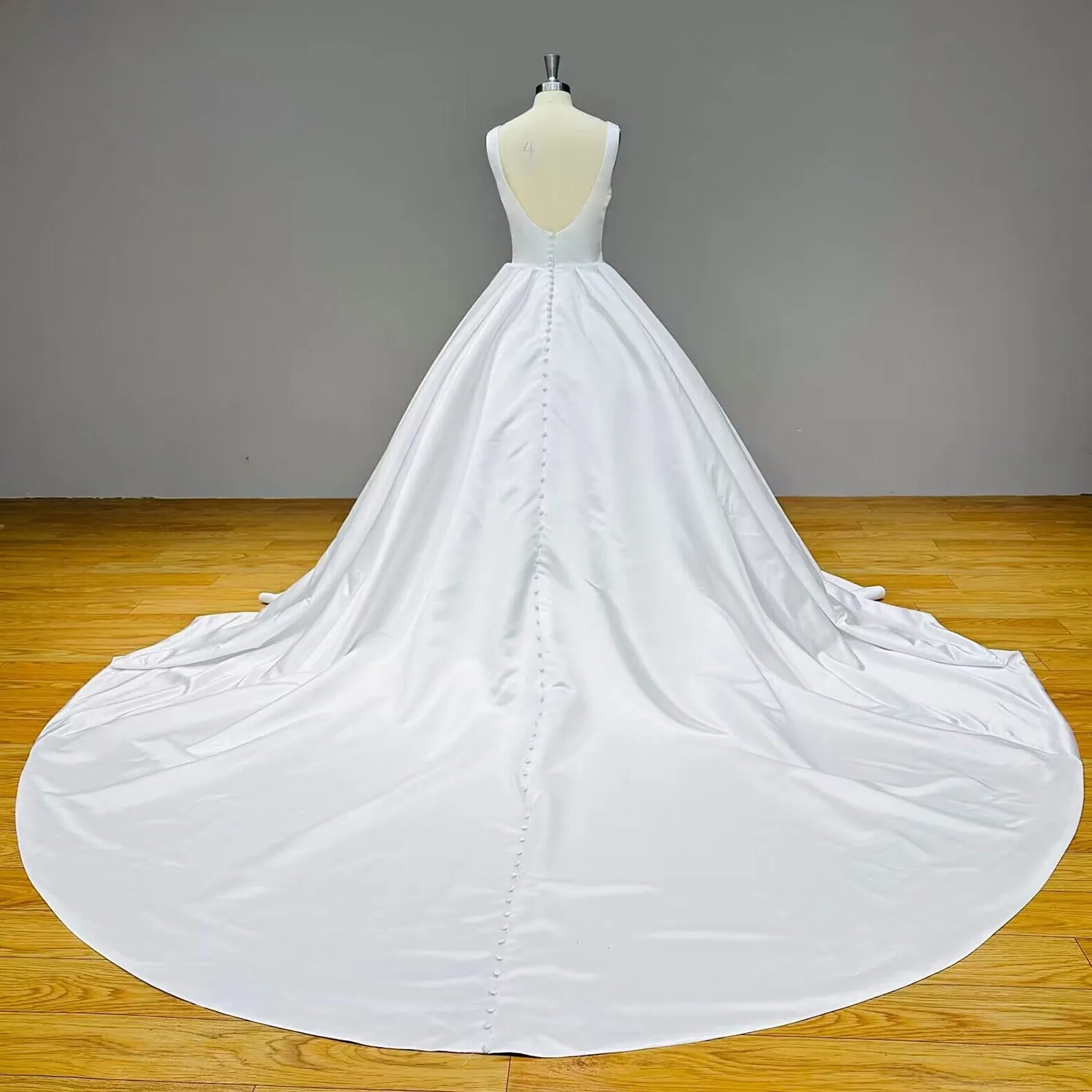 Simple Satin and Tulle Ball Gown Wedding Dress with Detachable Shawl and Backless Design