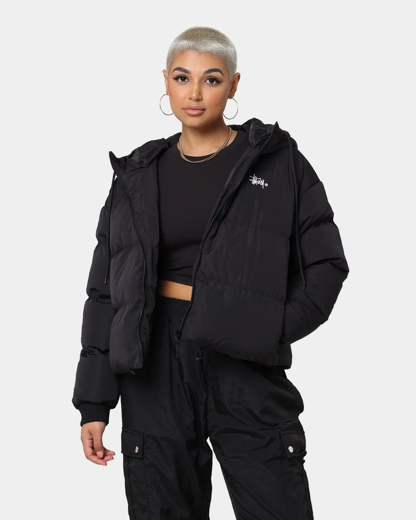 Stussy Women's Graffiti Hood Puffer Jacket Black