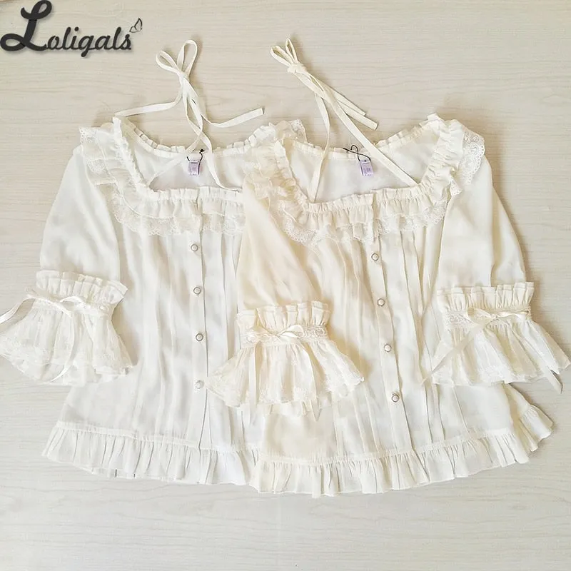 Sweet Chiffon Shirt Ruffled Short Sleeve Criss Cross Lolita Blouse