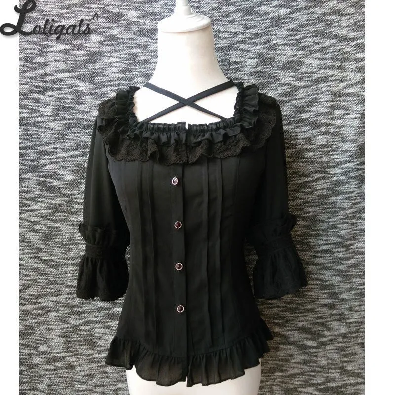 Sweet Chiffon Shirt Ruffled Short Sleeve Criss Cross Lolita Blouse