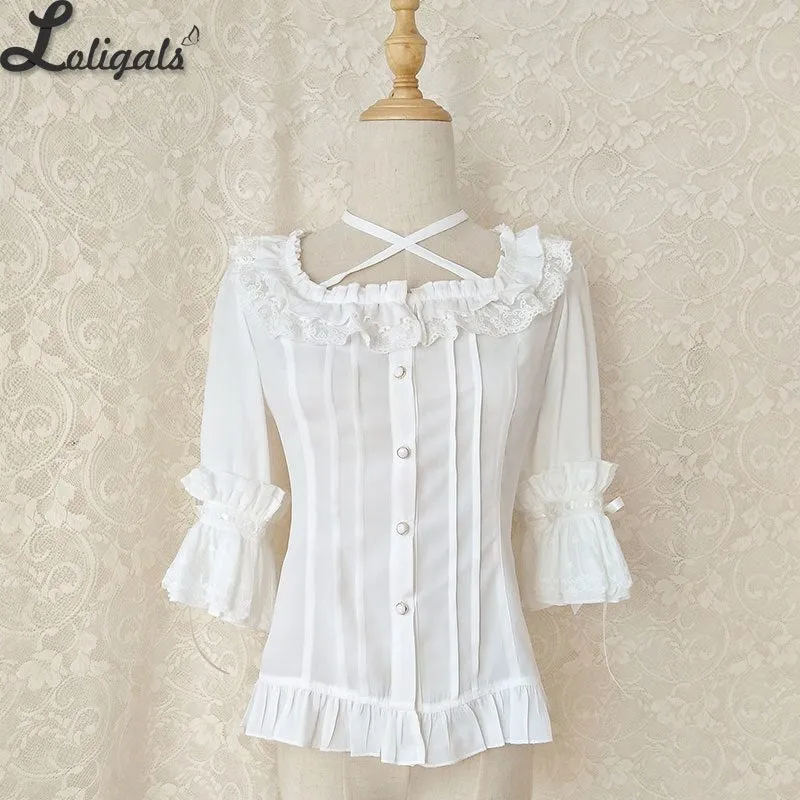 Sweet Chiffon Shirt Ruffled Short Sleeve Criss Cross Lolita Blouse