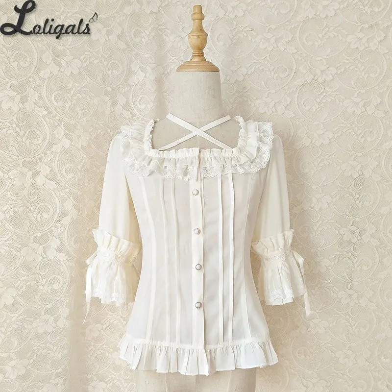 Sweet Chiffon Shirt Ruffled Short Sleeve Criss Cross Lolita Blouse