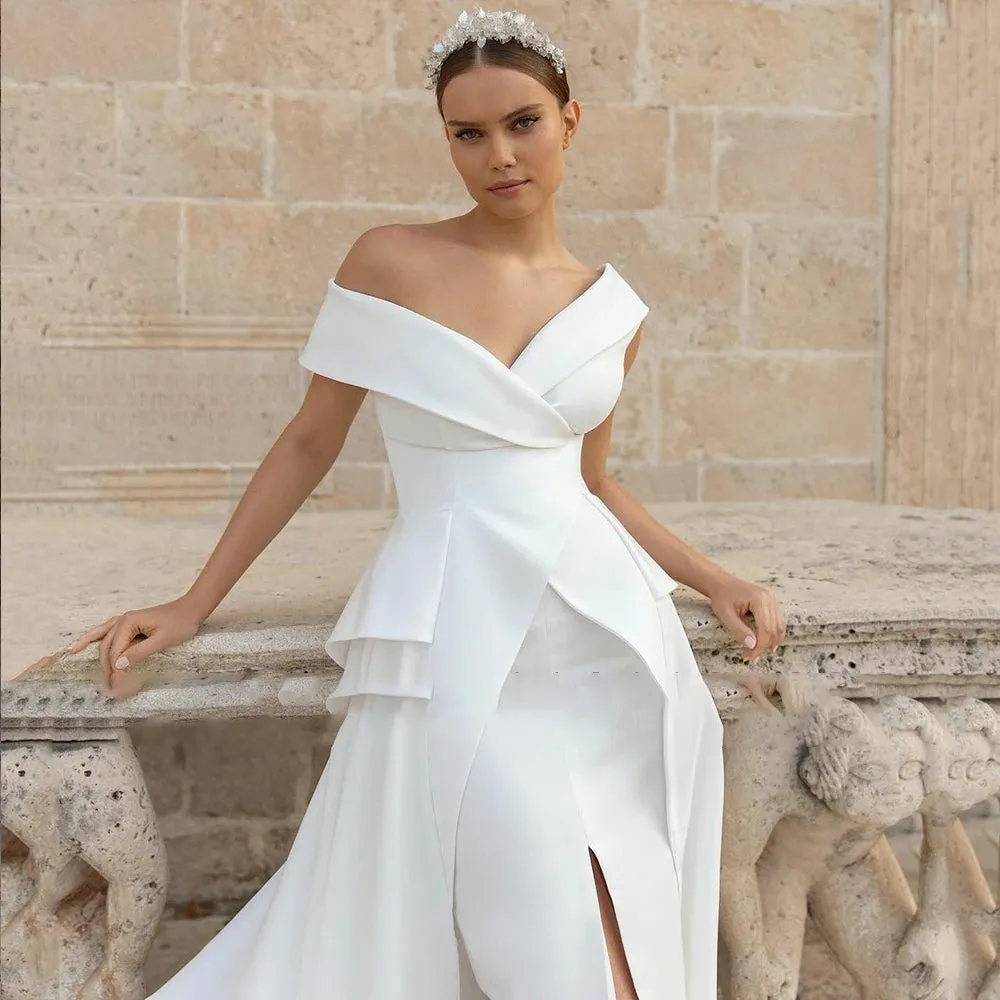 V-Neck Satin Mermaid Wedding Dress with Short Sleeves and Zipper Back