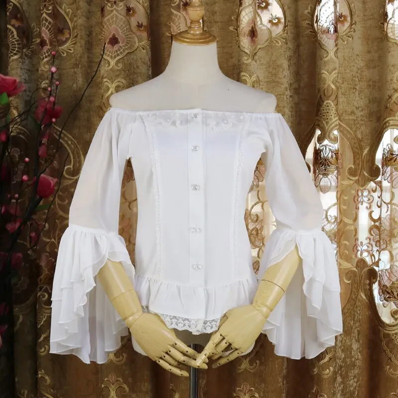 Vintage Women's Lolita Blouse Sheer Flared Sleeve Ruffle Chiffon Blouse