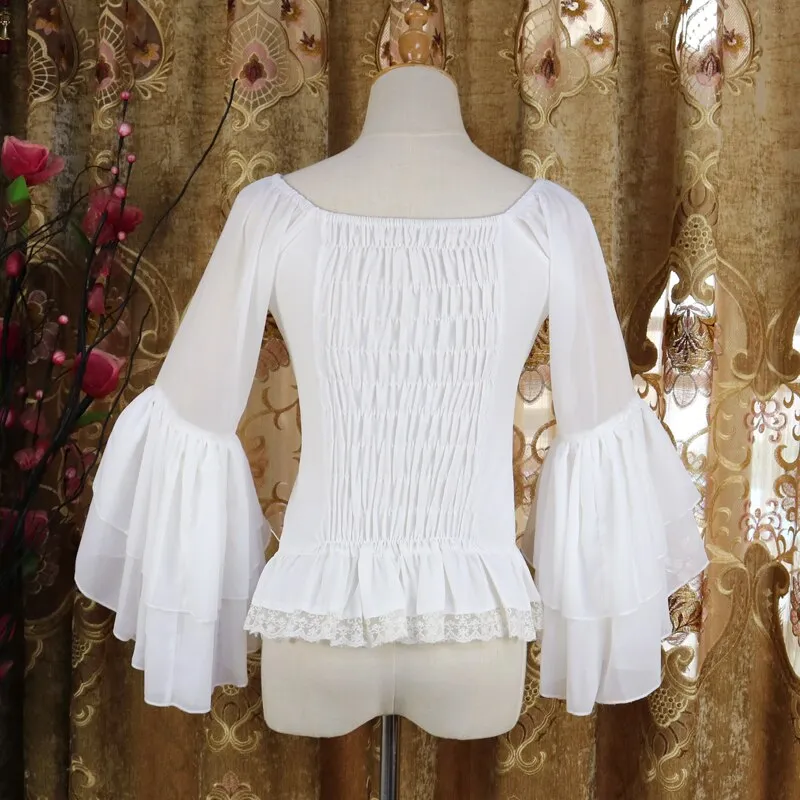 Vintage Women's Lolita Blouse Sheer Flared Sleeve Ruffle Chiffon Blouse