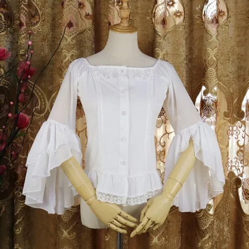 Vintage Women's Lolita Blouse Sheer Flared Sleeve Ruffle Chiffon Blouse