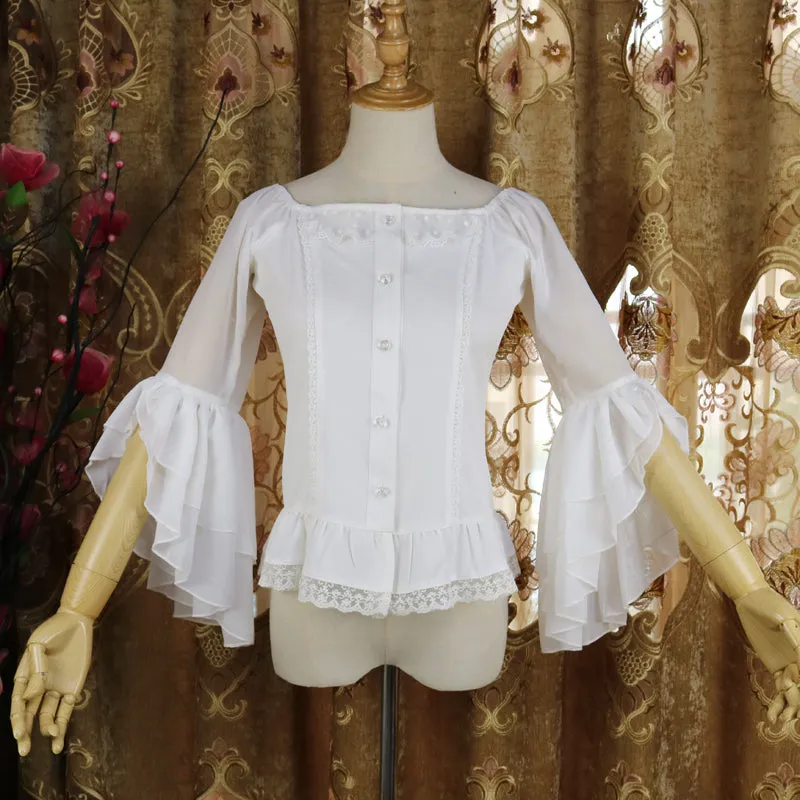 Vintage Women's Lolita Blouse Sheer Flared Sleeve Ruffle Chiffon Blouse