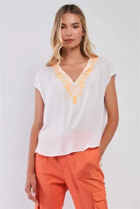 White & Orange Embroidery Boho V-Neck Short Sleeve Tunic Top /1-2-2-1