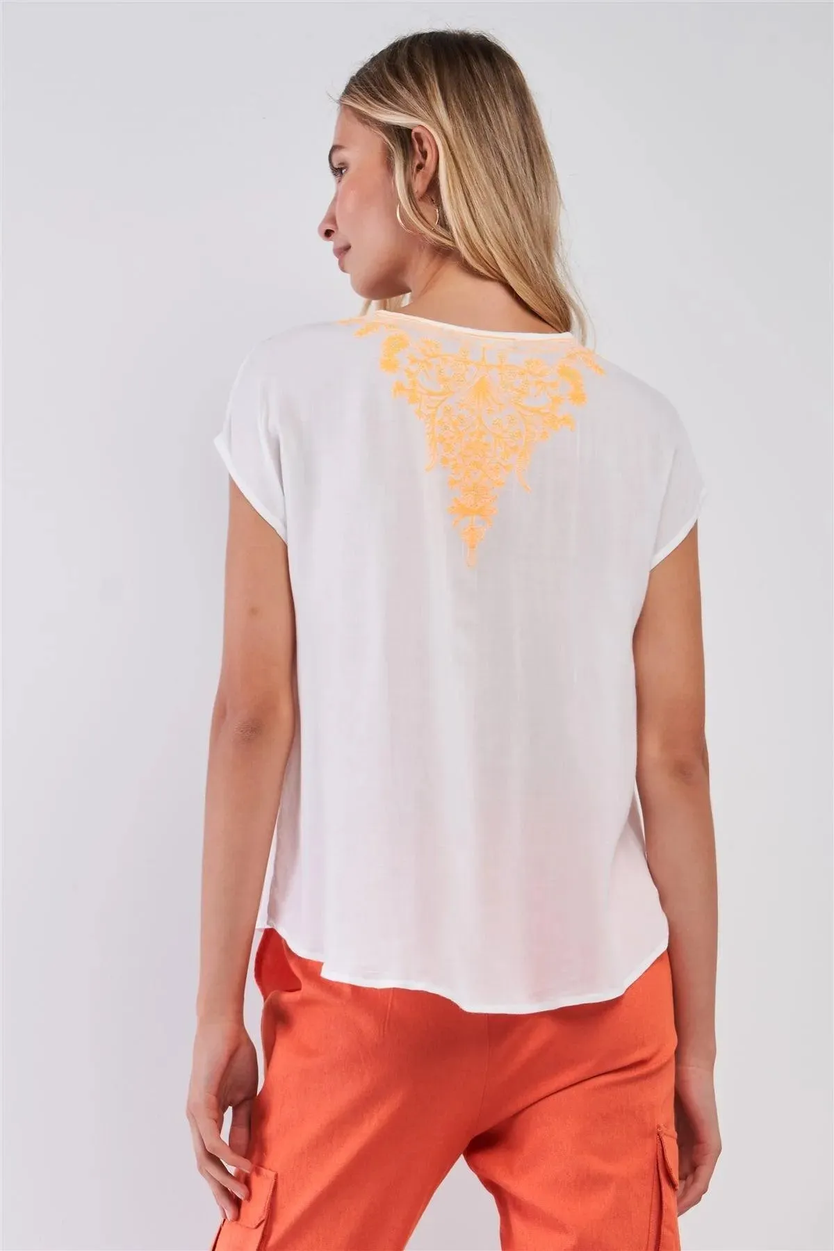 White & Orange Embroidery Boho V-Neck Short Sleeve Tunic Top /1-2-2-1