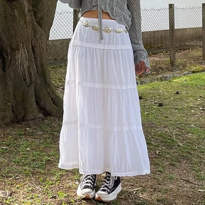 White Lace Trim Stitched A-Line Maxi Skirt