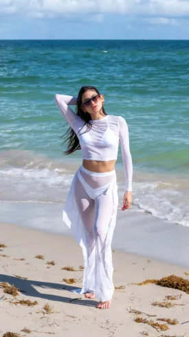 White Two Piece set  Mesh Long Sleeve Beach Top And Pants Swimwear Cover Up